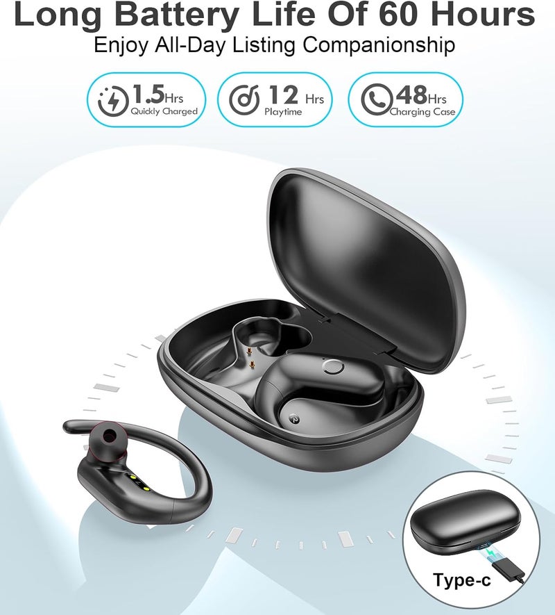 MOZOTER Wireless Earbuds Bluetooth Headphones Sport,Over Ear Buds with Deep Bass Sound,60Hr Playtime Earphones Redesigned Comfort Fit with Earhooks for Running,Meeting,Workout-Black - Image 4
